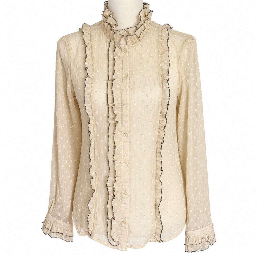 TopShop Sz 6 Cream Swiss Dot Ruffle Blouse Victorian High Neck Contrast Stitch